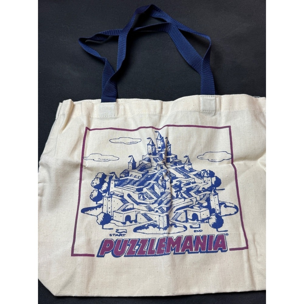 Puzzlemania Vintage Canvas Tote Bag Cream Blue Purple Castle Maze Graphic Y2K